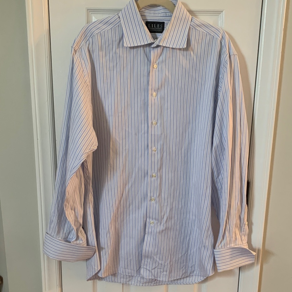 Men’s Dress Shirt 17” Neck Liles Clothing Studio Blue White & Black Stripes
